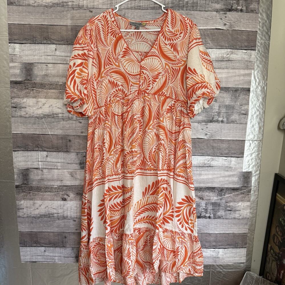 Figueroa & Flower Orange Floral Linen Blend Dress Boho Cotttagecore Garden Med